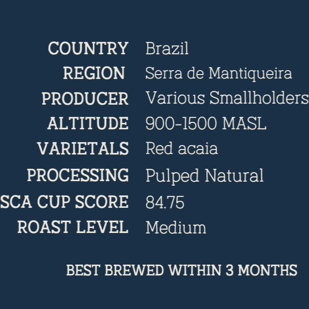 Coffee label with details on country, region, producer, altitude, varietals, processing, SCA cup score, roast level, and brewing instructions.