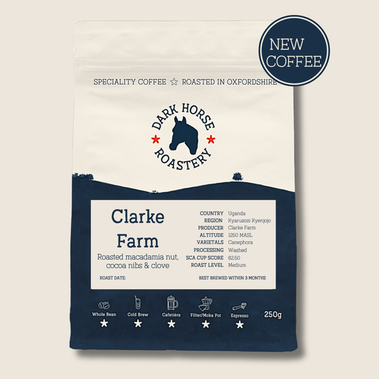 Dark Horse Roastery coffee package with branding and product details on a beige background