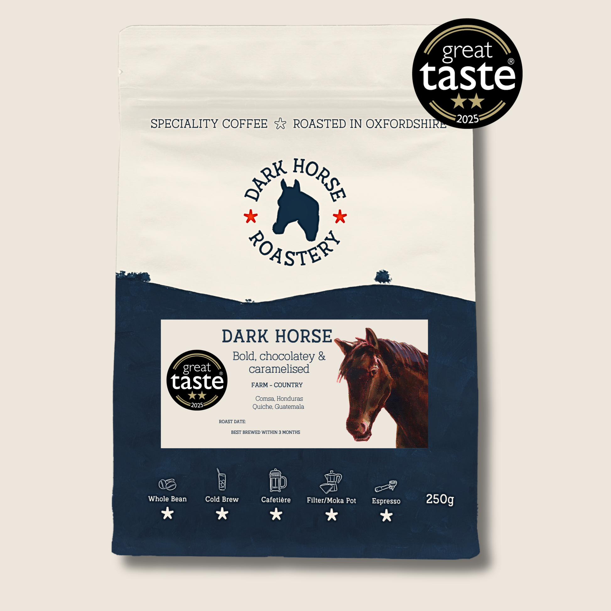 Dark Horse Roastery coffee package with a horse illustration and Great Taste award on a beige background